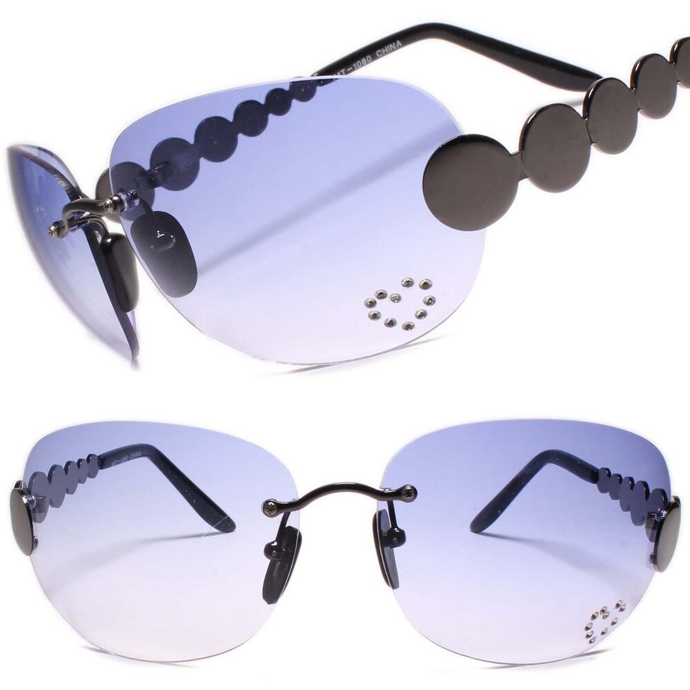 Classic Vintage Retro Style 80s Party Gunmetal & Blue Oval Rimless Sunglasses